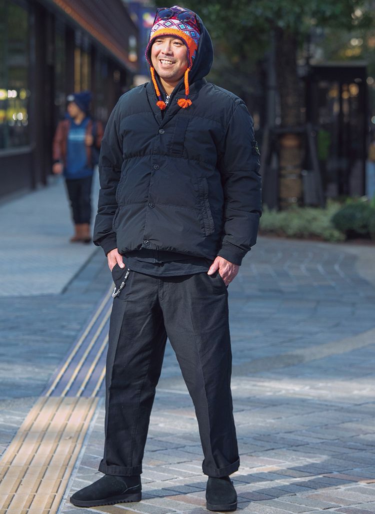 ダウンジャケット／ストーンアイランド、パンツ／ユニクロ ユー、靴／スイコック、ニットキャップ／シュプリーム、サングラス／モンクレール