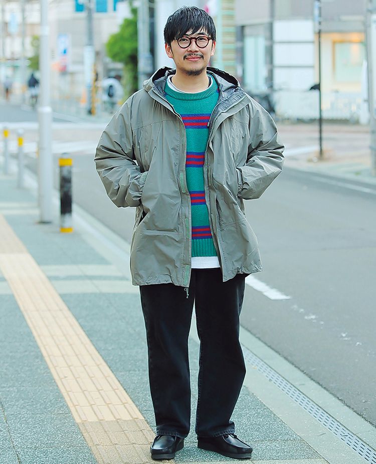 パーカ／古着、ニット／エディ バウアー、デニム／リーバイス、靴／クラークス