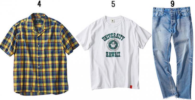 【4】「ギットマン ヴィンテージ」のチェックシャツ 【5】「トニー タイズサン」のTシャツ 【9】「マイシンクス」のデニム
