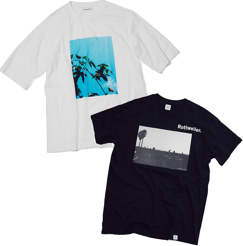 ［左］ボディに使用するのはペルー産オーガニックピマコットン ［右］写真家、深水敬介さんが撮影したモノクロのビーチ写真。