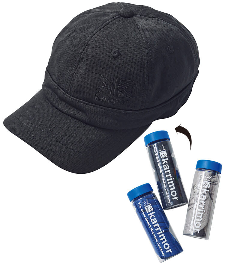 続くタンブラーに収納されたキャップは、水に濡らして振ればヒンヤリと冷たくなる「クールバイタル」というメッシュ素材を使用。