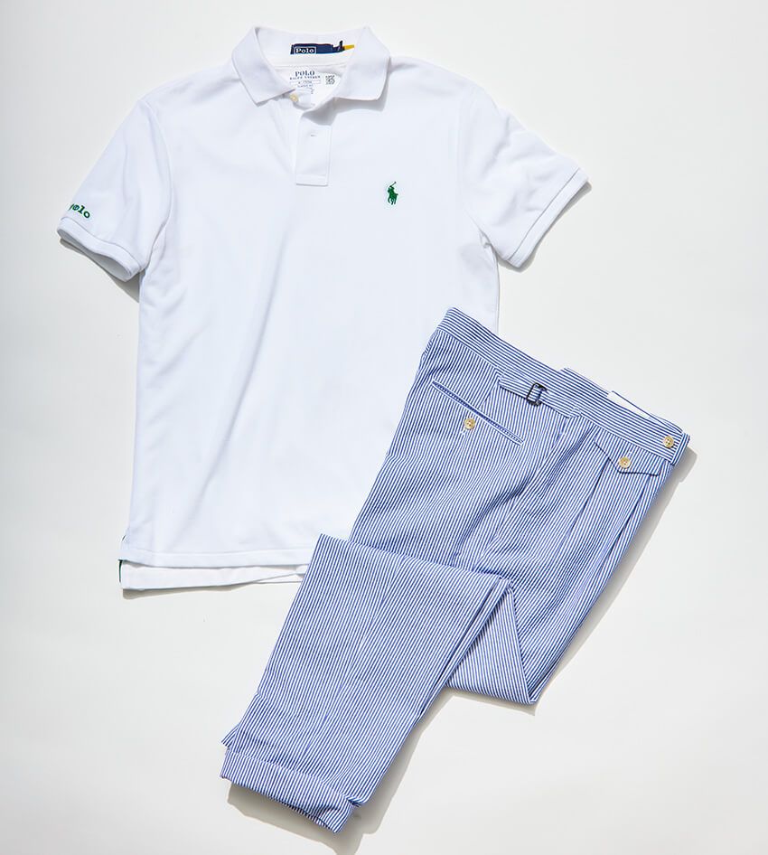 ポロシャツ1万9800円、Tシャツ1万1000円、パンツ3万5200円/ポロ ラルフ ローレン(ラルフ ローレン 0120-3274-20)