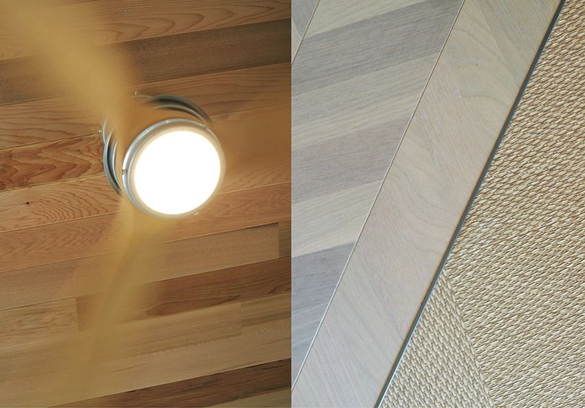 ［左］室内の快適さを保つシーリングファン。西海岸スタイルに合う高いインテリア性も魅力。