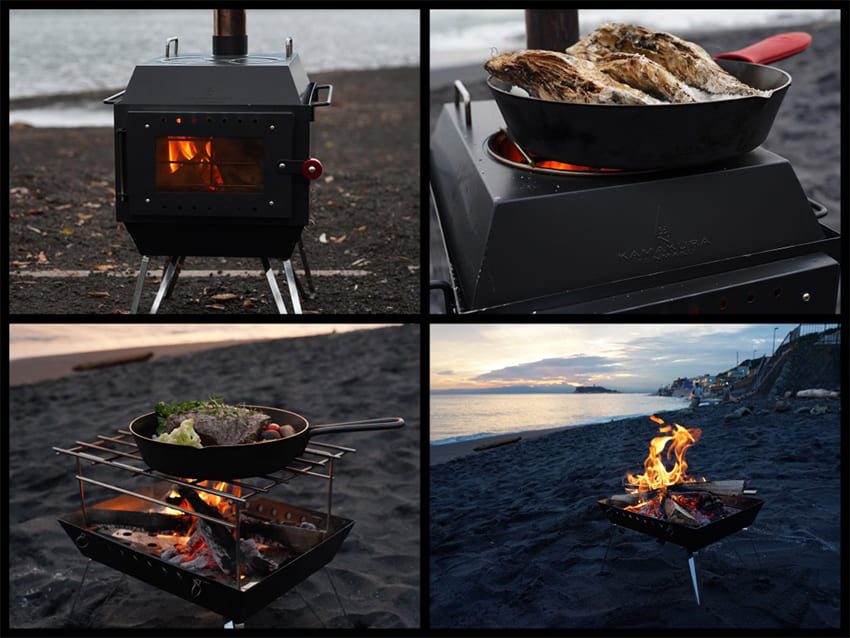 鎌倉天幕」のトランスフォームする薪ストーブと焚火台テーブルで、冬