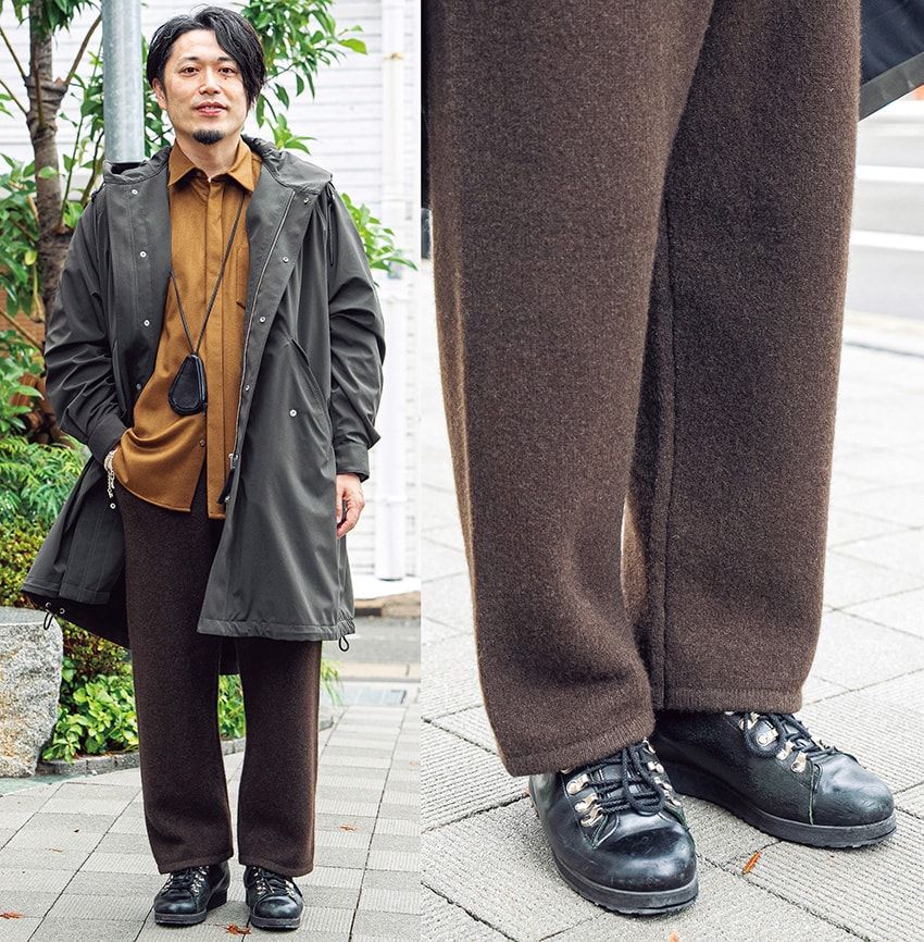 パンツ=ウェルノード コート=ザ・リラクス シャツ=マーカウェア ブーツ=ペトロオラウム