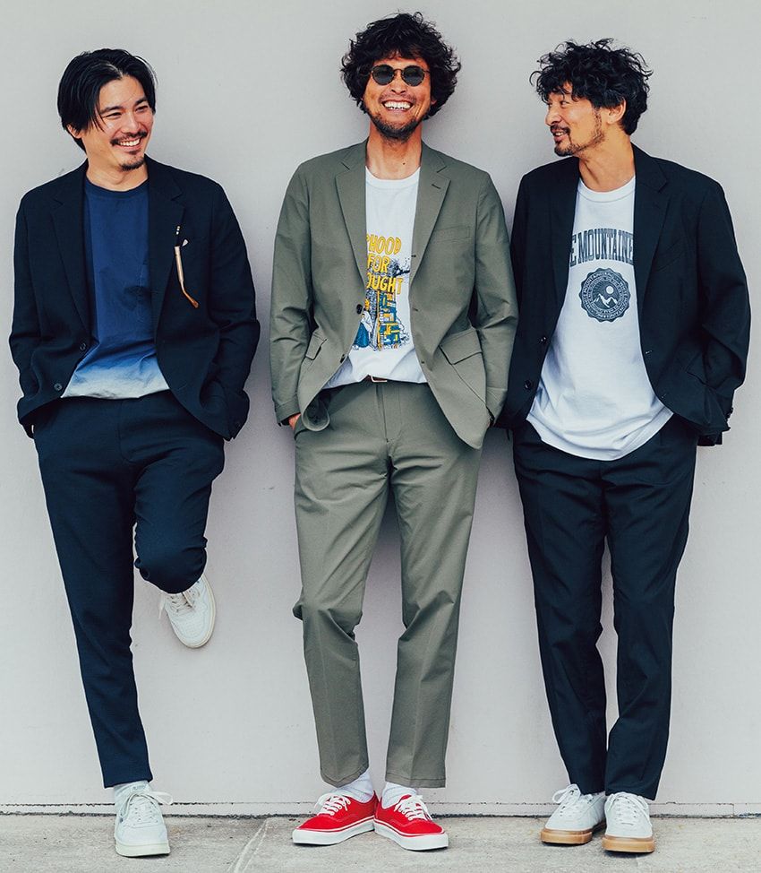 “着流しスーツ”スタイルサンプル3例。インナーはTシャツ＆足元はローテクスニーカー！ - 3枚目の画像