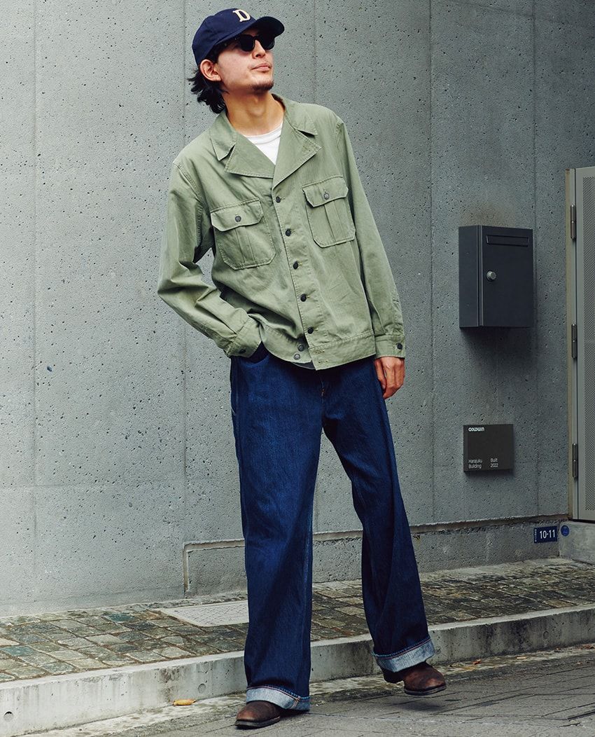 デニム＝ベラフォンテ　ジャケット＝古着　靴＝ブラス　帽子＝ザ エイチダブリュードッグアンドコー