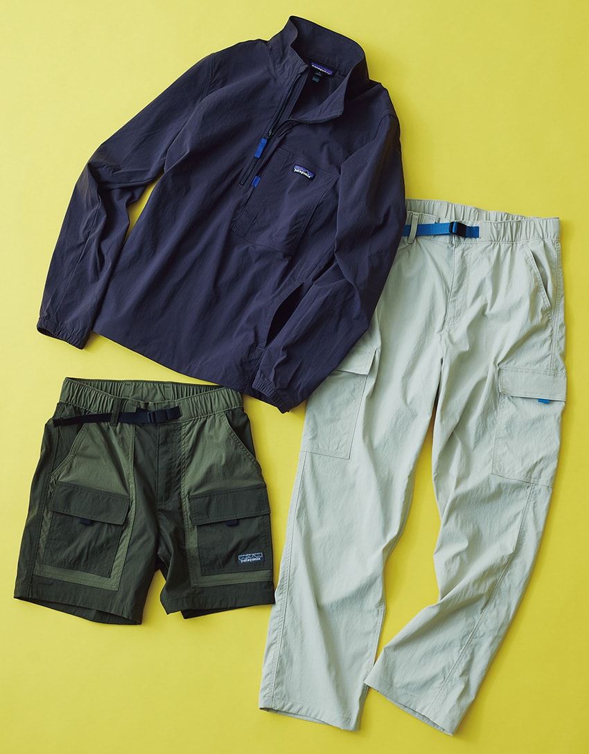 収納力や伸縮性に優れ、UV加工まで施された水陸両用の「アウトドア・エブリデー」シリーズにも「ネットプラス」を使用。ベルト付きショーツやカーゴパンツ、カンガルーポケットが便利なプルオーバーの全3型を展開。パンツ1万8150円、プルオーバー2万4200円、ショーツ1万3200円／すべてパタゴニア（パタゴニア日本支社