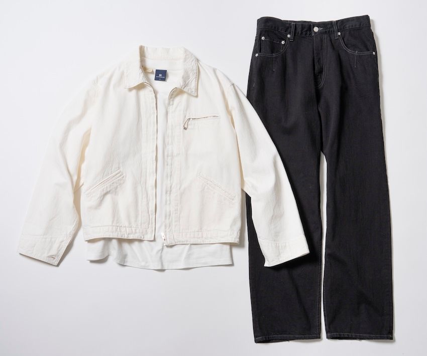 ジャケット 6万3800円／ヘリル（にしのや　03-6434-0983）カットソー 8800円／リーバイス®︎ ブルータブ™︎ （リーバイ・ストラウス ジャパン株式会社　0120-099-501）デニムパンツ 3万5200円／ヨーク（エンケル　03-6812-9897）