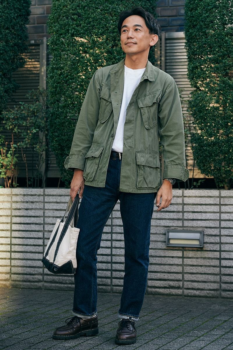 ジャケット＝古着　Tシャツ＝ヘインズ　デニム＝リゾルト　靴＝パラブーツ　バッグ＝エルエルビーン