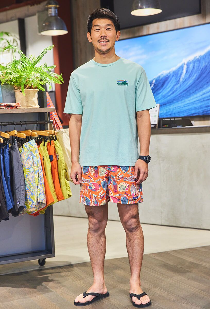 自身もサーファーである本橋さん。海のシーンでは写真の5インチのバギーズを愛用中だ。