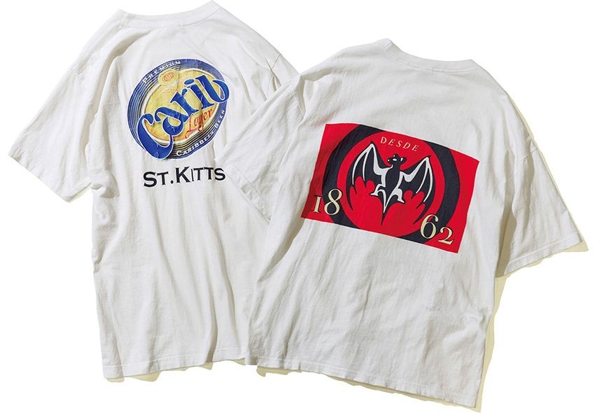 古着のロゴTシャツ。カリブラガービールと、ラム酒バカルディのロゴT。出張の際、古着店で出会った。