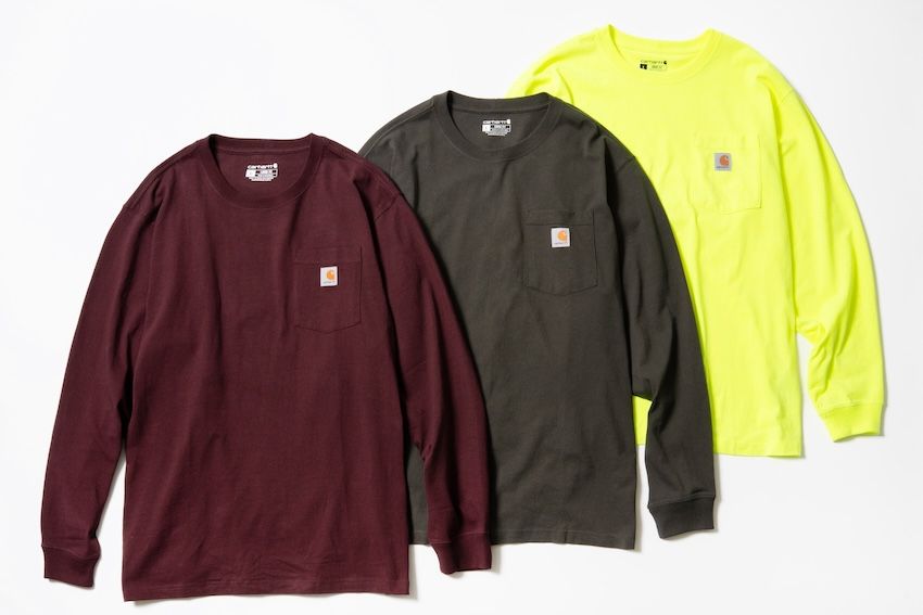 （写真左から）ロンT（バーガンディ） 5500円、ロンT（オリーブ） 5500円、ロンT（ライム） 5500円／すべてカーハート（グロウアラウンド 03-5489-4333）