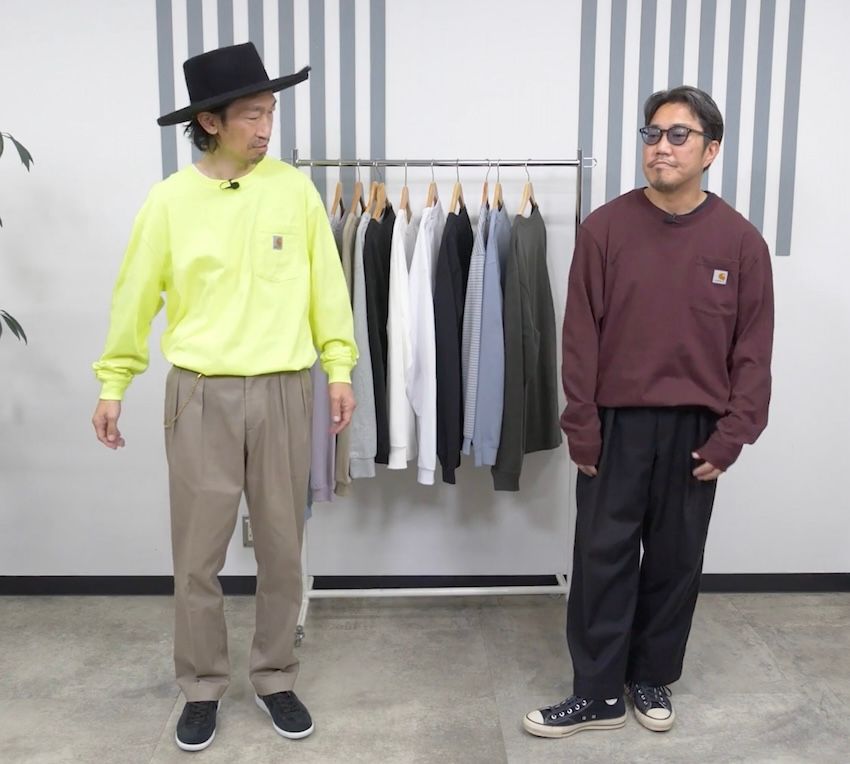 ハラ（178cm、60kg）、キクチさん（171cm、70kg）ともに「カーハート」のXLサイズを着用