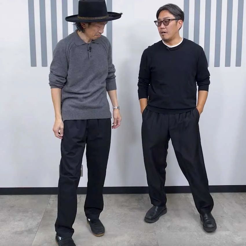 ハラ（178cm、60kg）は「無印良品」のLサイズ、キクチさん（171cm、70kg）は「アンフィーロ」のLサイズを着用