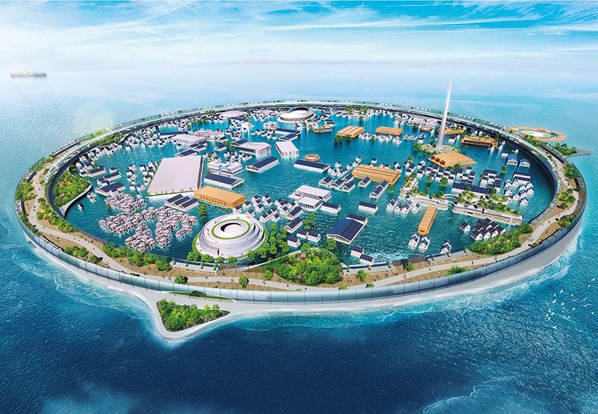 田崎さんが推進する海上都市の未来予想図。住居だけではなく、生活に必要な都市機能がすべてパッケージされており、移動や施設の編集も可能だ。