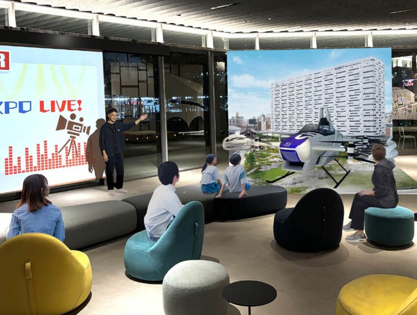 「ほれてまうわ、EXPO LIVE！～空飛ぶクルマ編～」は5月12日～6月30日、9月1日～10月13日の間、2Fにて19：30〜20：00に開催中。