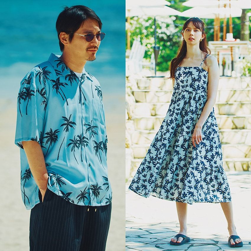 ［左］ご存じ沖縄発のアロハシャツブランド、パイカジ。宮古の海を彷彿させる美しいブルーカラーが魅力だ。3万5200円／