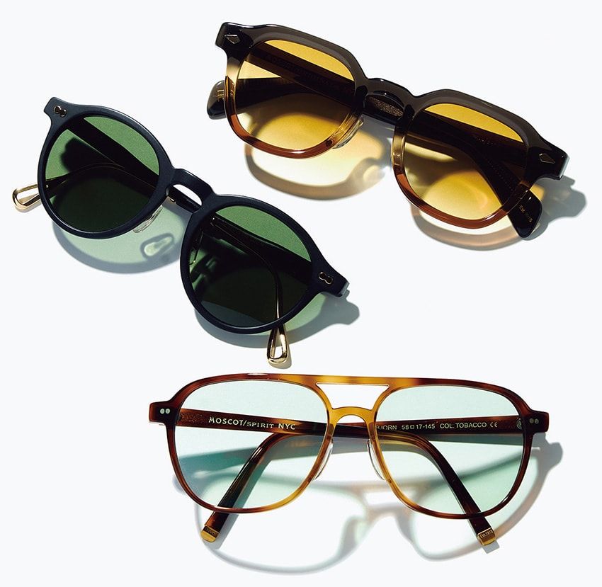 北島さんの私物サングラス。すべてモスコットで、基本は「ミルツェン」 を愛用。ときに気分でボストンの形に似たアビエーターサングラスでアレンジするそう。