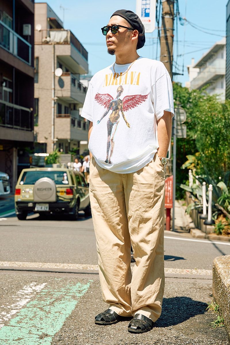 パンツ＝古着　サンダル＝パラブーツ　帽子＝ロレール　眼鏡＝ヴィンテージ