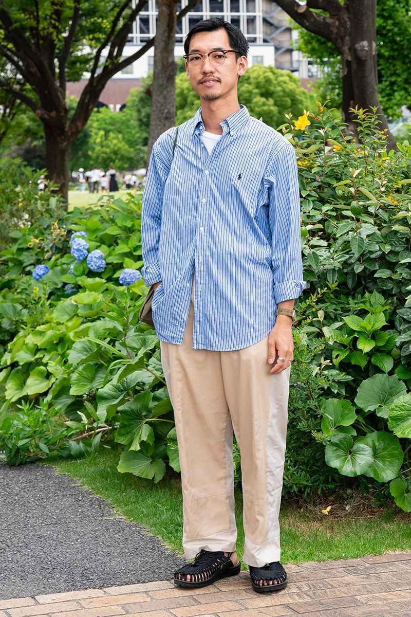 シャツ＝ポロラルフローレン　Tシャツ＝ヘインズ　パンツ＝シーオール　サンダル＝キーン　バッグ＝古着　眼鏡＝不明　腕時計＝ホーボー