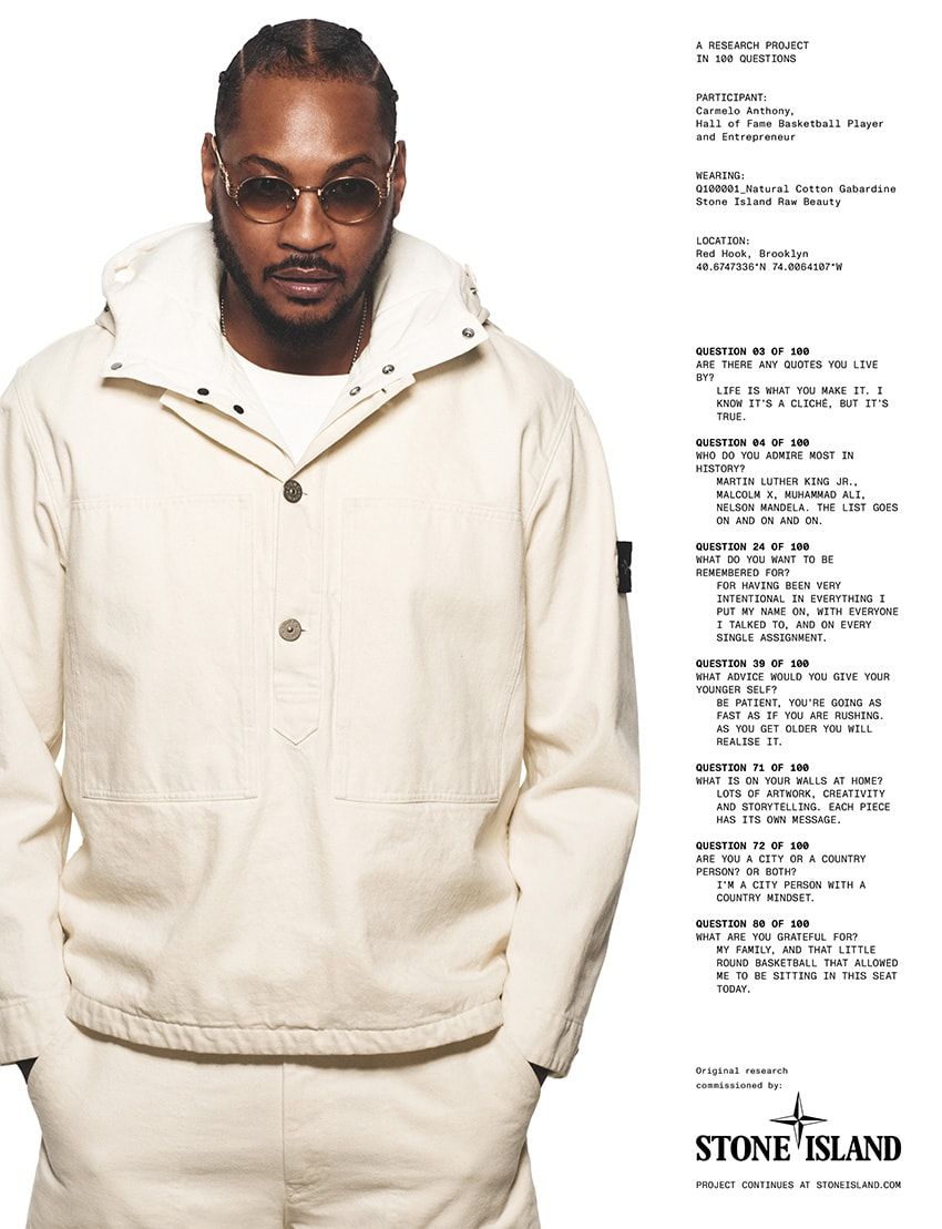 Carmelo Anthony（カーメロ・アンソニー）。アノラックジャケット 22万4400円／ストーンアイランド（ストーンアイランドジャパン　0120-988-943）