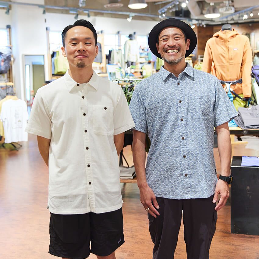 ［左］石渡さん●パタゴニア 東京・ゲートシティ大崎ストアマネージャー、トレイルランニング歴10年。高い山よりも里山を走るのが好きで、身近な自然を全力で満喫している。［右］石井さん●パタゴニア 東京・ゲートシティ大崎ストアのスタッフ。フライフィッシング歴13年のベテランで、休みの日は山梨の渓流に足繁く通い、フライフィッシングを楽しんでいる。
