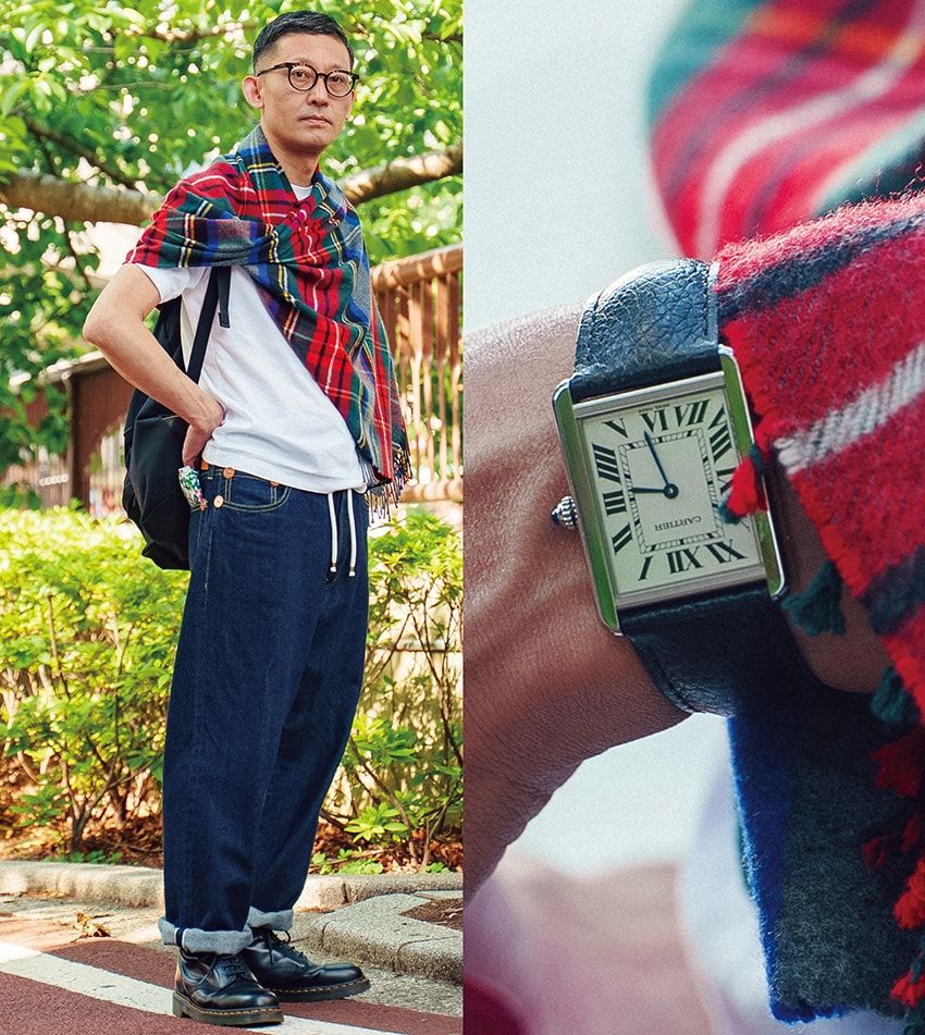 腕時計＝カルティエ　Tシャツ＝トゥモローランド　パンツ＝ウールリッチ　ストール＝トラディショナル ウェザーウェア