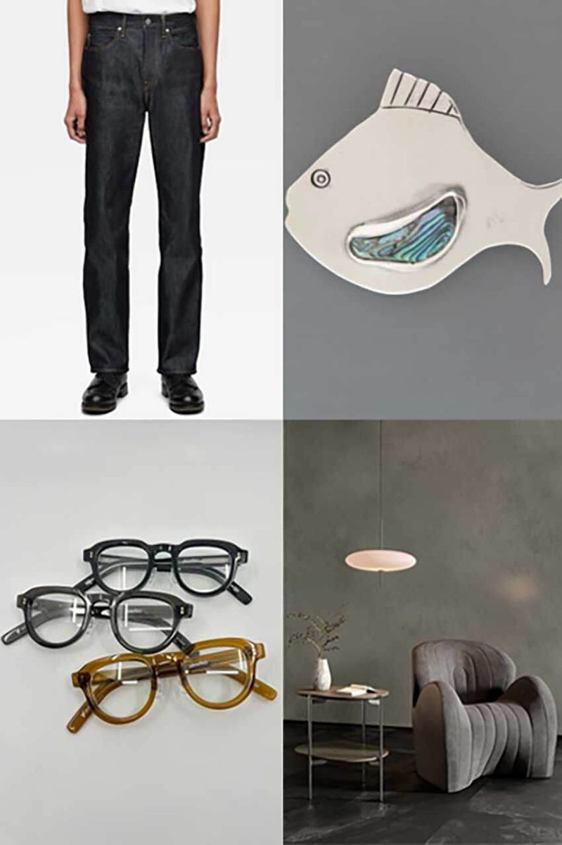 左上から時計回りに●海外のデニム好きから熱狂的に支持される「桃太郎ジーンズ」。ロンハーマンでポップアップも話題のフォークN。正しい姿勢をキープできる「スタイルズ」のソファ。鯖江の職人技が光る「メガネロック」。