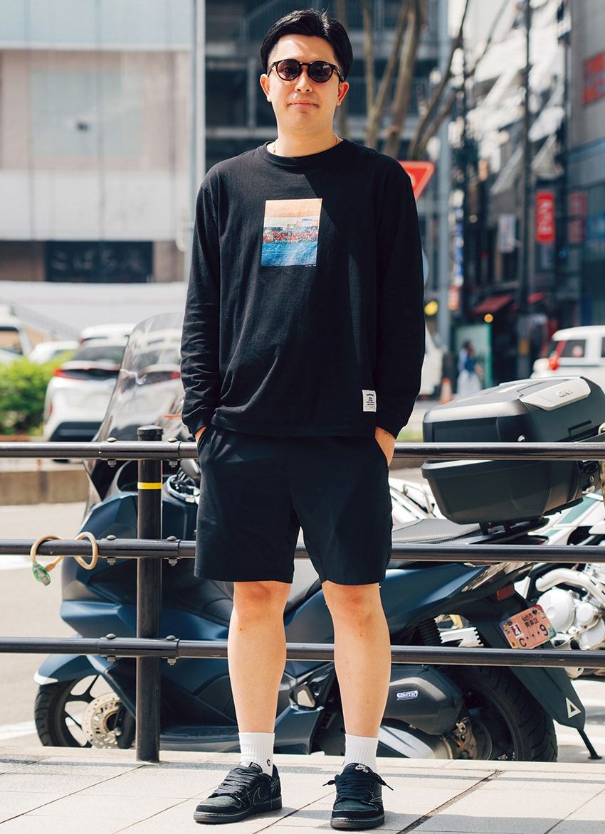 ショーツ、ロンT＝ボーラホリック　スニーカー＝ナイキ　サングラス＝アイヴォル