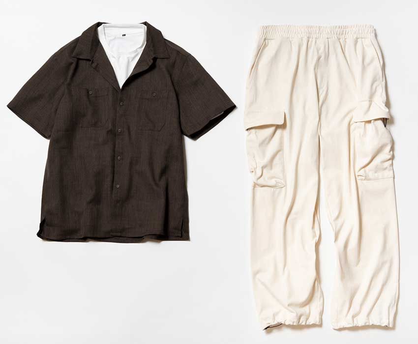 「ブリーズフロー超通気半袖オーバーシャツ」1780円、「プラスガード半袖Ｔシャツ」1280円、「カットソーワイドバギーカーゴパンツ」1900円／すべてワークマン