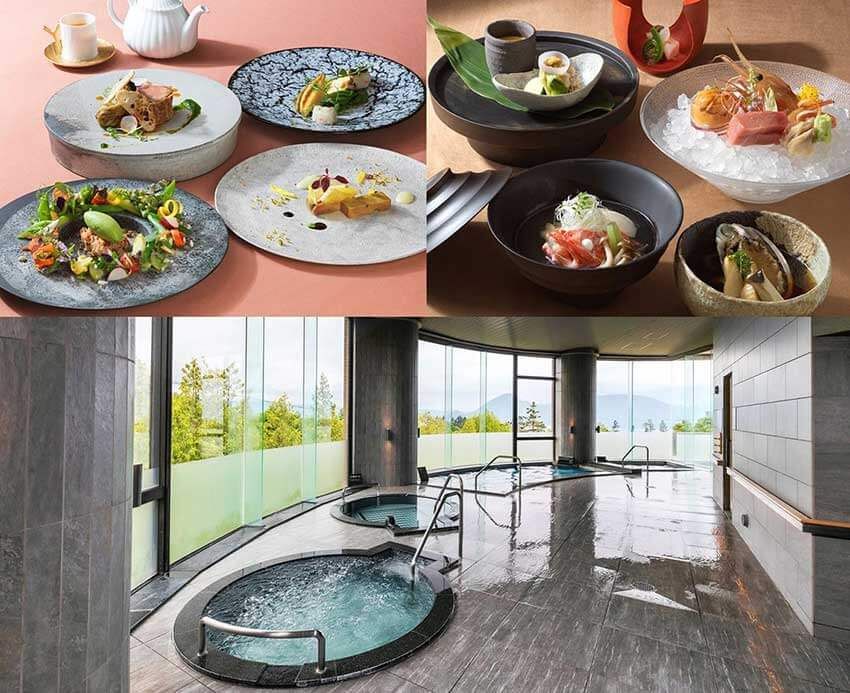 夕食はフレンチコース（左）と和食会席（右）を、好みで選べる。大浴場（下）では、有珠山の火山活動の恵みがもたらすなめらかな湯でリラックス（写真：洞爺湖 鶴雅リゾート 洸の謌）
