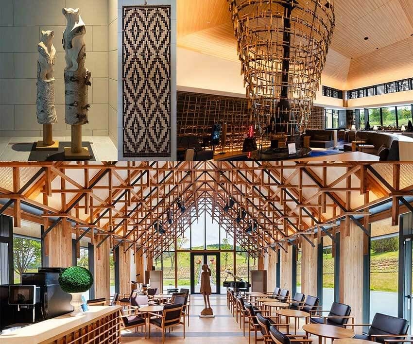 館内にはアイヌの世界観を表現した作品が多数（左上）、洸をイメージした格子の暖炉がある火のラウンジ＆バー（右上）、エントランス横の大きな水盤に浮かんでいるかのような水のラウンジ（下）（写真：洞爺湖 鶴雅リゾート 洸の謌）