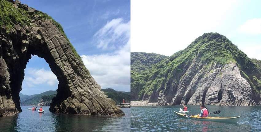 大地が生み出したトンネル（左）、太古の時代にタイムスリップしたかのような手付かずの地形でカヤックを楽しむ（右）（写真：Izu Cliff House）
