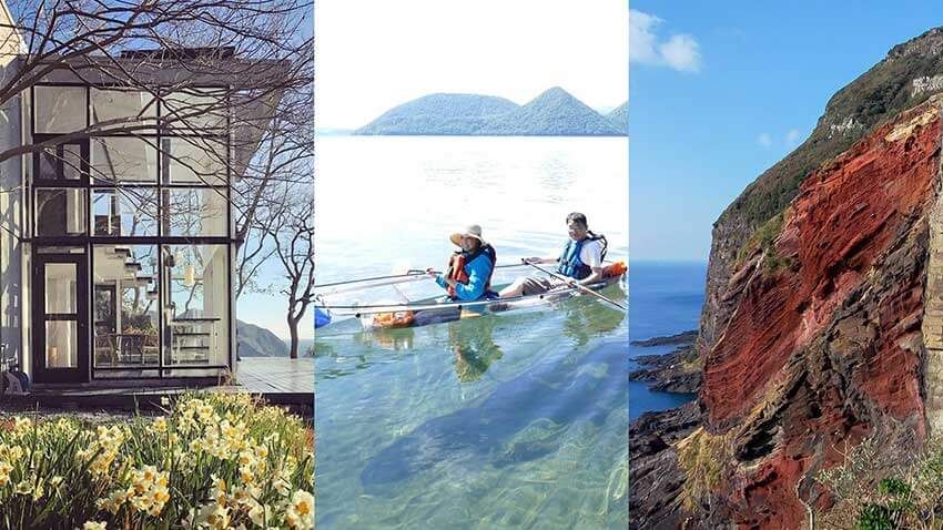 夏はもちろん、大自然をオールシーズン楽しめる「ユネスコ世界ジオパーク」。とっておきのリトリートを体験できるパーク内の贅沢な宿とは？（写真：左からIzu Cliff House、洞爺湖 鶴雅リゾート 洸の謌、Entô）