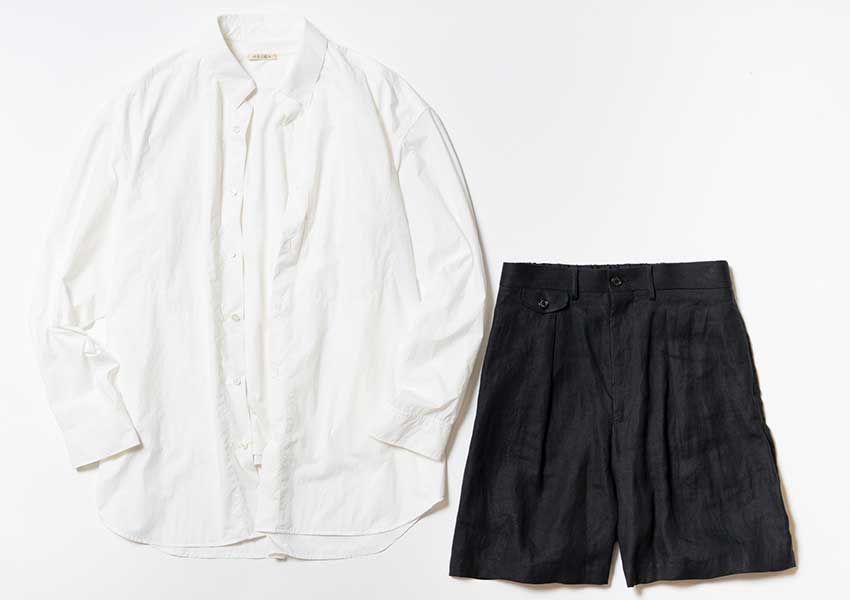 シャツ 3万800円／テクネ（カナル　03-6661-6190）、Tシャツ 1万6500円／ユーゲン（イデアス　03-6869-4279）、パンツ 3万4100円／マーカウエア（パーキング　03-6412-8217）