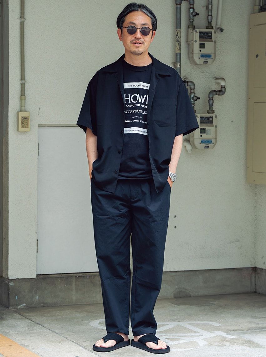 シャツ、パンツ＝SPC　Tシャツ＝シティライツ　サンダル＝サンダルマン フォー SPC　サングラス＝ブラン　腕時計＝ロレックス