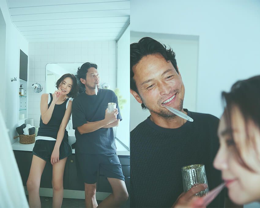 男性●Tシャツ7700円、ショーツ8800円／ともにジャーナル スタンダード レリューム（ジャーナル スタンダード レリューム 新宿　03-5909-4675） 女性●タンクトップ6820円／オーバーニース、ショーツ２万3685円／ベースレンジ（ともにエディットフォールル/ベイクルーズ　0120-301-457）、中に着たタンクトップ7700円［2枚セット］／サードマガジン × フルーツオブザルーム（サードマガジン　03-5784-2588）、ピアス２万9700円／プリュイ（プリュイ トウキョウ　03-6450-5777）