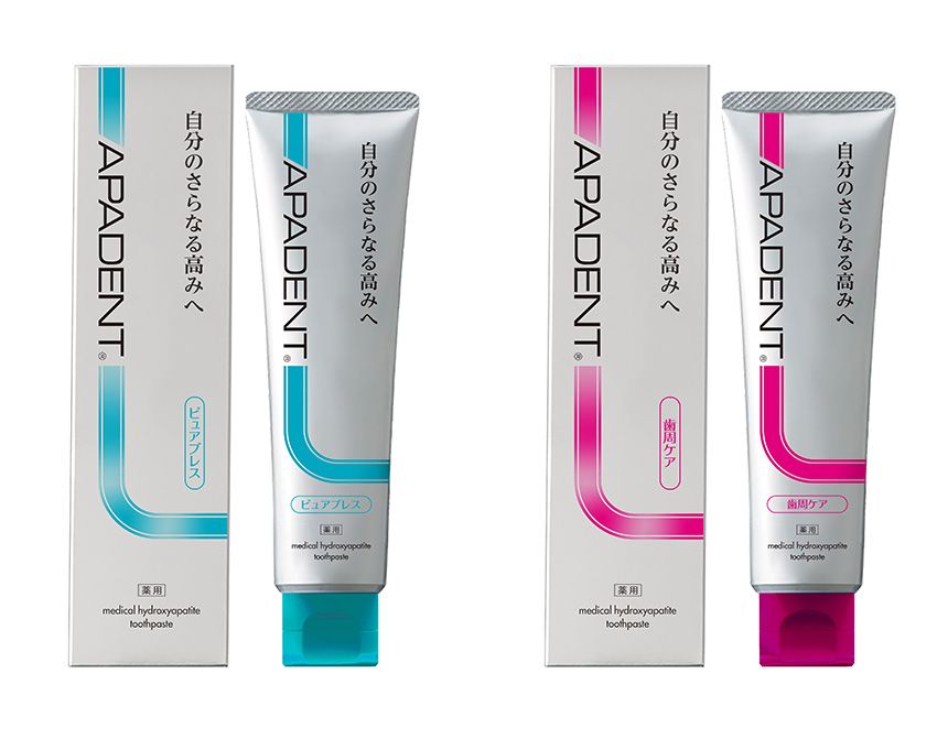 右●ふたつの薬用成分が原因菌を殺菌し、口臭を予防。爽やかな口元へ導く「アパデントピュアブレス」（ハーモニーミントフレーバー）。000g 0000円、左●殺菌・抗炎症・ひきしめ作用で歯周病を予防。歯と歯茎の健康を作る「アパデント歯周ケア」（ソルトミントフレーバー）。000g 0000円／ともにサンギ　0120-82-4101 ※歯肉炎・歯周炎の総称。すべて医薬部外品、薬用歯みがき