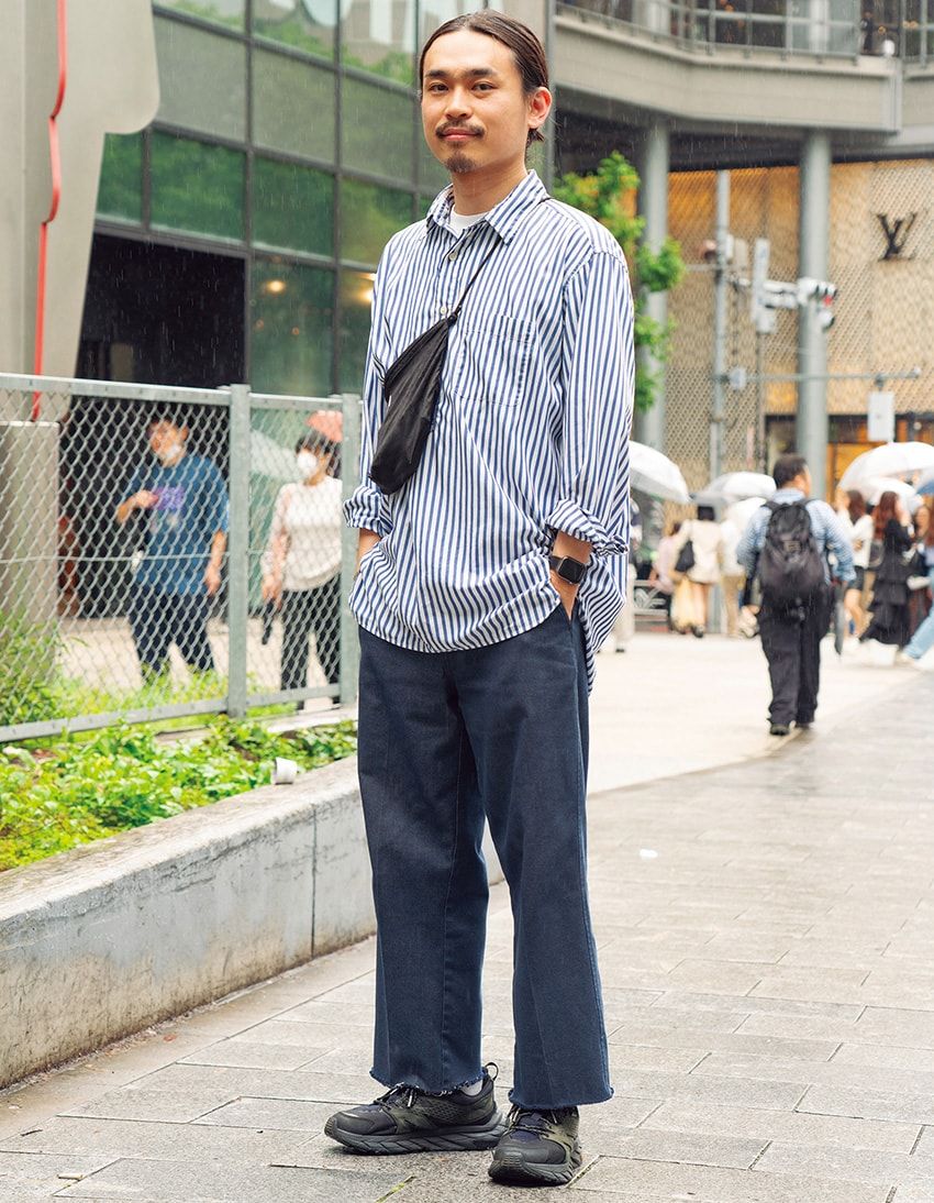 シャツ＝ユニクロ　Tシャツ＝プロクラブ　デニム＝リーバイス　スニーカー＝ホカ