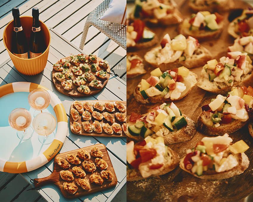 ［左の写真］上●「タコともぎたて野菜のカラフルセビーチェ」トマト、パプリカ、きゅうり、紫玉ねぎ、タコ、真鯛をそれぞれ1cmほどにカットし、刻み唐辛子、おろしニンニク、レモン、ライム、オリーブオイル、塩を入れ、混ぜ合わせる。バケットに盛り付け、仕上げにパクチーを添える。　中●「スモークサーモンと自家製味噌クリーム」サワークリームとおろしニンニク、味噌を混ぜてムース状に。ムースをバケットに塗り、その上にスモークサーモンを乗せ、最後にアクセントの生山椒をあしらう。　下●「エスニックキャロットラペ」人参を細くスライスし、くるみ、レーズン、1 cmほどに切ったボイル済みのじゃがいもと合わせる。オリーブオイル、酢、ハチミツ、マスタード、クミン、カレー粉、塩を加え、マリネしてバケットに乗せる。
