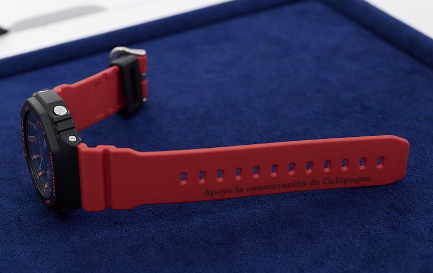 昨年発表された、チャールズ・ダーウィン財団とのコラボモデル「GA-B2100CD-1A4JR」。ベルトには「Apoyo la conservación de Galápagos.（ガラパゴスの保全を支持します。）」のメッセージがプリントされている。