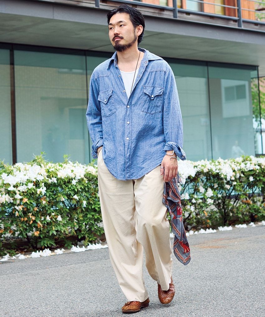 シャツ＝シアーズ　パンツ＝ハバーサック　靴、腰に付けたスカーフ＝不明