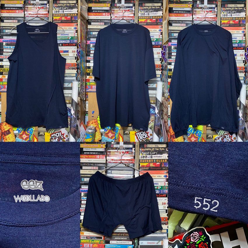 ［左上から］「タンクトップ」　8580円、「Tシャツ」10450円、「ロングスリーブTシャツ」1万2760円、「ボクサーパンツ」8140円／SSZ・WOOLLABO（ビームス 原宿　03-3470-3947）