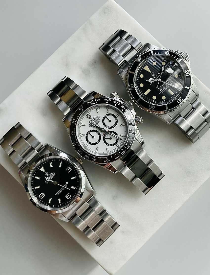 小林さんが所有するロレックス。右から、自身が父上から受け継いだというサブマリーナーRef.5113。今回購入したデイトナ。そして、こだわって選んだエクスプローラー１Ref.14270。