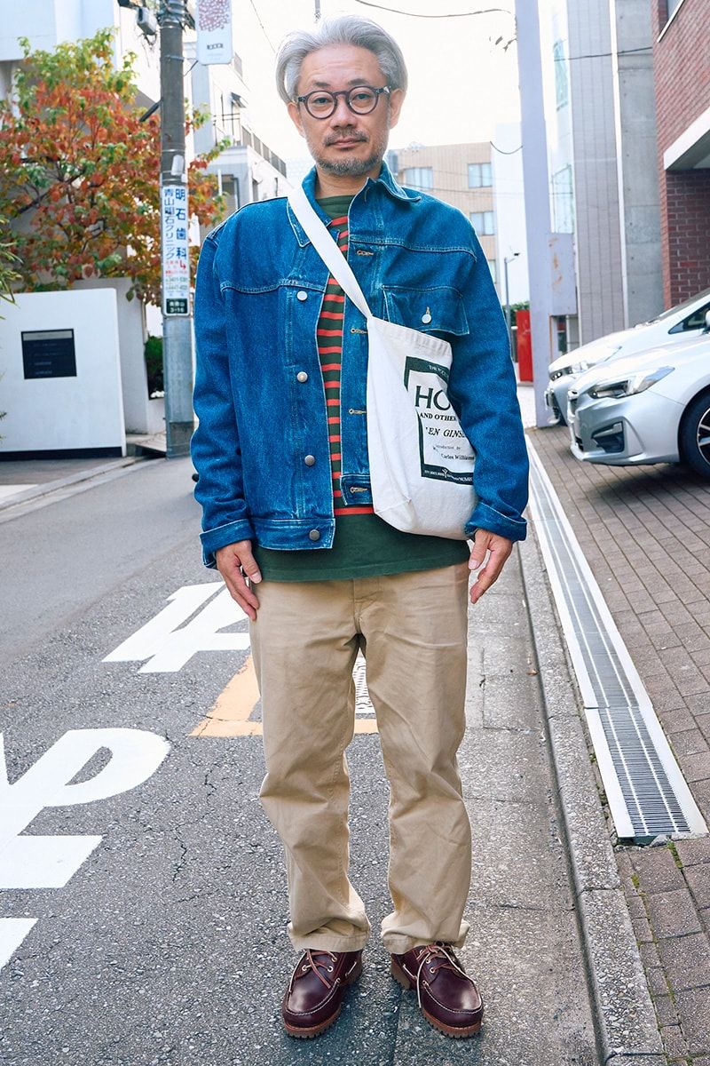 ジャケット=スタジオニコルソン パンツ=オーラリー 靴=ティンバーランド バッグ=シティライツブックストア