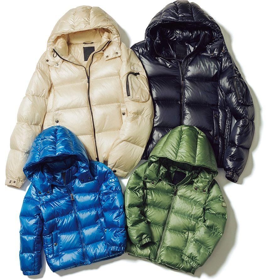 幅広ステッチの王道デザインながら、光沢のある生地がひと際目を引く「ベルボ」（写真上）＆「イルモ」。カラーは、上の大人用がブルーとネイビーを合わせて計4色、下の子供用がブラックを合わせて計3色で展開。物が落ちにくい二重の玉縁ポケットを備えるなど、細部までこだわった作りも見事。ダウンジャケット各14万3000円、ダウンジャケット［子供用］各8万8000円／すべてタトラス