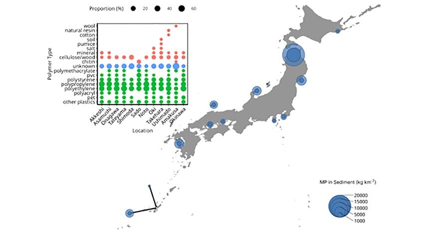 堆積物の結果：マイクロプラスチック濃度と場所毎のマイクロプラスチックのポリマーの割合