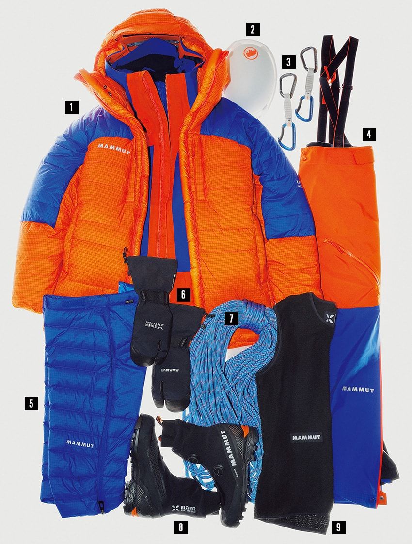 ［1］22万円、中に着たジャケット16万5000円、［2］9900円、［3］各4180円、［4］13万7500円、［5］4万4000円、［6］3万3000円、［7］3万1900円、［8］13万2000円、［9］1万5400円／すべてマムート（マムート・スポーツグループジャパン　03-5413-8597）