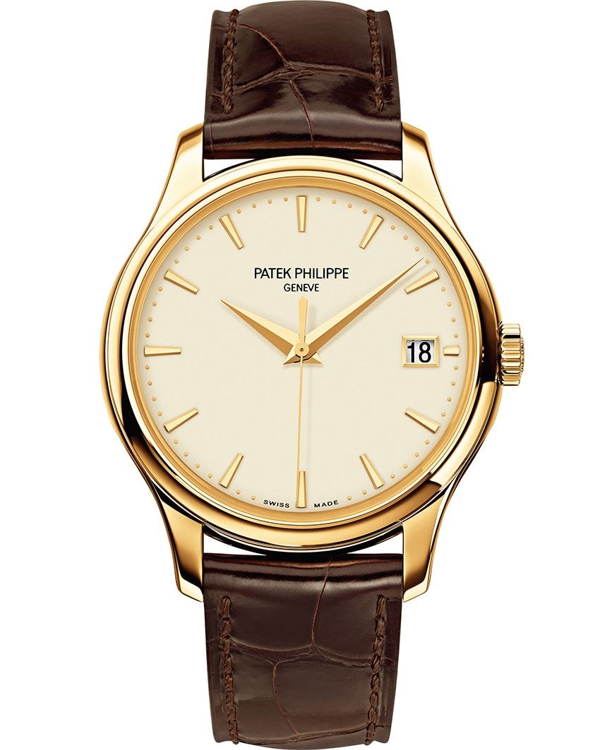 「カラトラバ 5227J」1932年に誕生したドレスウォッチの象徴。モデル名はブランドのエンブレムである“カラトラバ十字”に由来する。こちらは中3針＋デイト表示仕様。ミニマルゆえ、ケースやインデックス、針などの造形美が堪能できるのだ。K18YGケース、39mm径、自動巻き。677万円／パテック フィリップ（パテック フィリップ ジャパン　03-3255-8109）